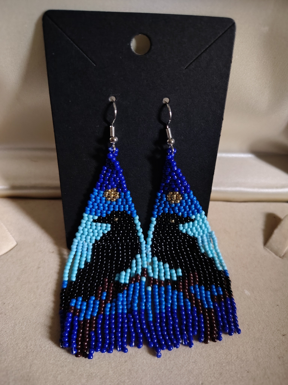 🐦⬛🌙 Handmade Beaded Crow & Moon Fringe Statement Earrings - Blue & Black